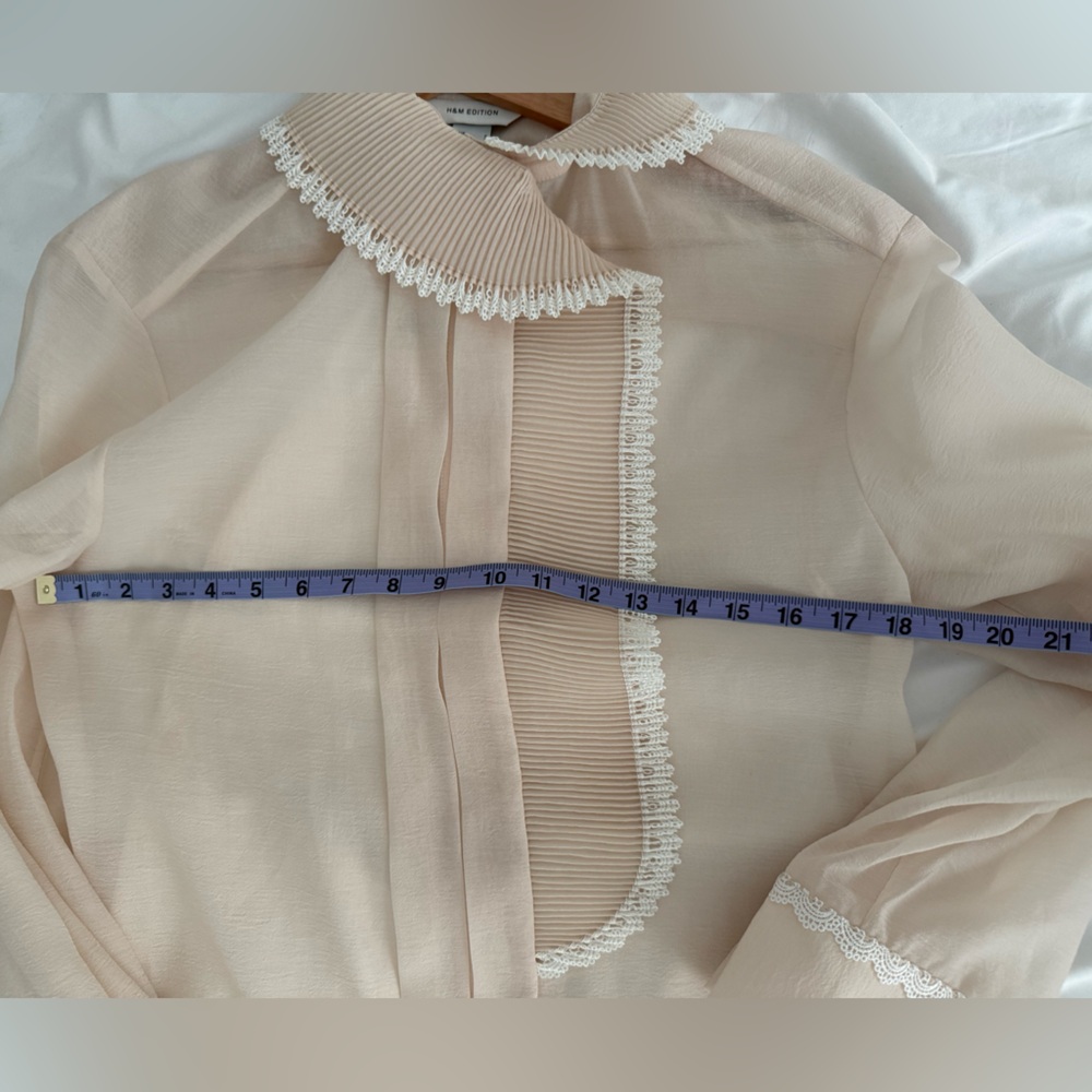 H&M Beige Blouse with Lace Trim and Fluttery High Collar - Picture 6 of 7